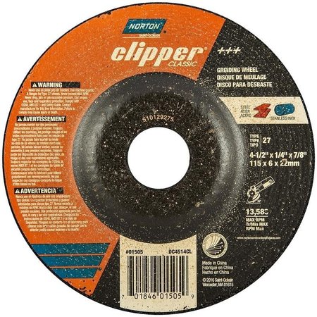 NORTON CLIPPER Clipper Classic A AO Series Grinding Wheel, 412 in Dia, 14 in Thick, 78 in Arbor 70184601505